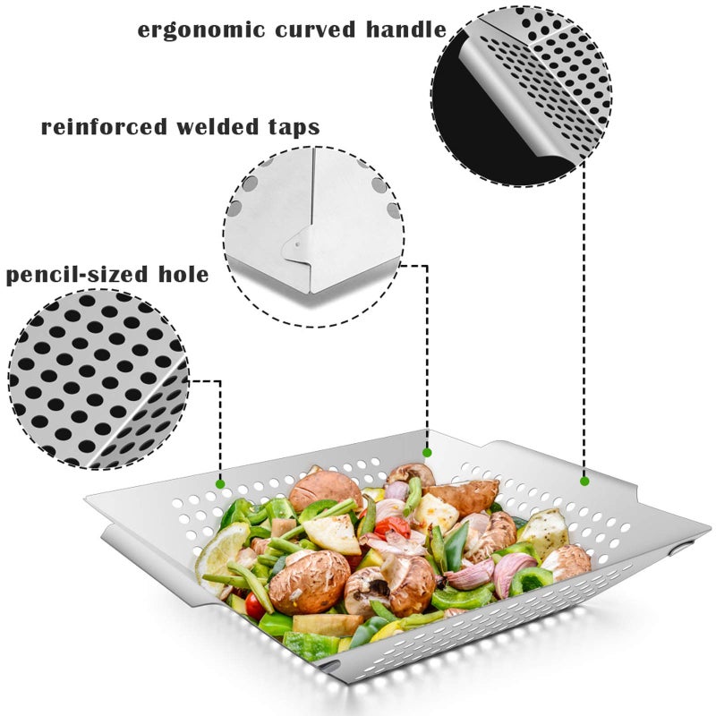 HaSteeL 8â€ Grilling Basket, HaSteeL Small BBQ Grill Basket Wok Set of 2 for Vegetable, Kabobs, Shrimps, Heavy Duty Stainless Steel Grilling Accessories for All Grills, Dishwasher Safe - Image 2